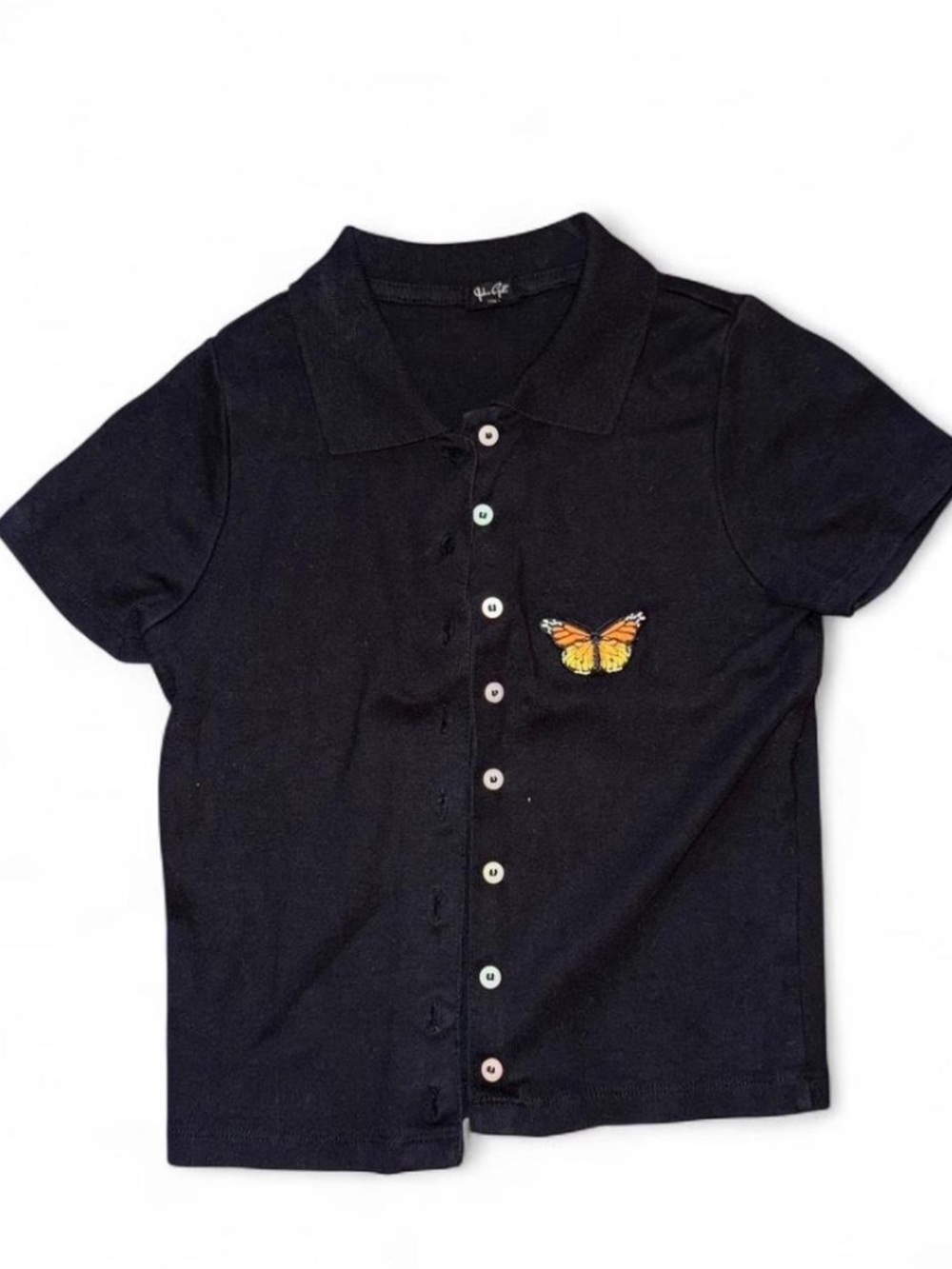 Brandy Melville Black Polo Shirt with Butterfly Embroidery